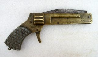 Antique Old Rare Brass Handle Unique Gun Shape Push Locking System Spring Knife