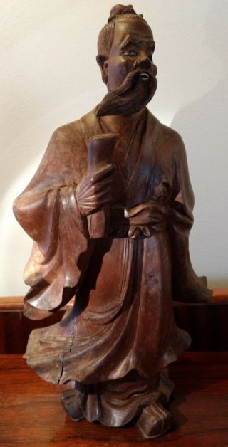 Antique Wind Swept Confucius Statue Hand Carved Wooden Sculpture One Glass Eye