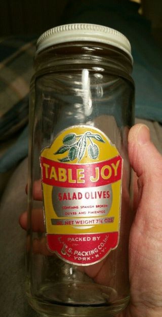 Vtg Table Joy Salad Olives Jar W Cover & Label L&s Packing Co Nyc Advertising