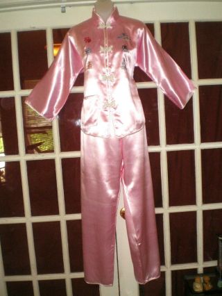 Stunning Old Chinese Pink Silk Jacket/pants Outfit W/embroidered Designs Sz Lg