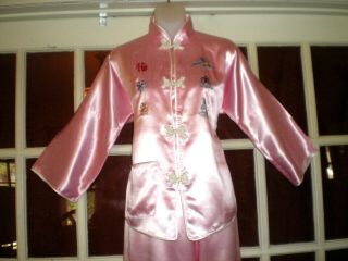 Stunning Old Chinese Pink Silk Jacket/Pants Outfit w/Embroidered Designs sz Lg 2