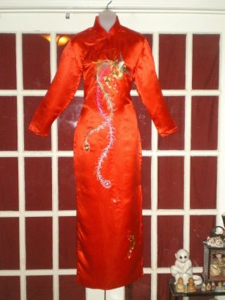 Wonderful Old Chinese Red Silk Cheongsam Long Dress W/embroidered Phoenix Sz 40