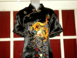 Old Chinese Black Silk Cheongsam Lg Dress w/Embroidered Dragon & Phoenix Sz 48 3