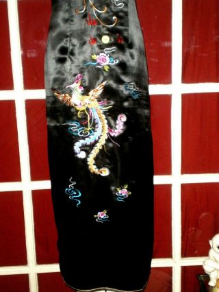 Old Chinese Black Silk Cheongsam Lg Dress w/Embroidered Dragon & Phoenix Sz 48 4