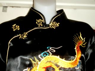 Old Chinese Black Silk Cheongsam Lg Dress w/Embroidered Dragon & Phoenix Sz 48 5
