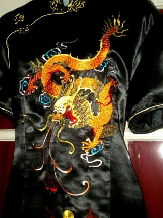 Old Chinese Black Silk Cheongsam Lg Dress w/Embroidered Dragon & Phoenix Sz 48 6
