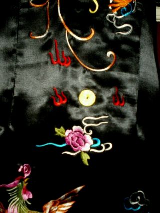 Old Chinese Black Silk Cheongsam Lg Dress w/Embroidered Dragon & Phoenix Sz 48 7