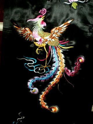 Old Chinese Black Silk Cheongsam Lg Dress w/Embroidered Dragon & Phoenix Sz 48 8