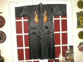 Gorgeous Old Chinese Black Silk Robe/kimono W/hand Embroidered Dragons Sz Large