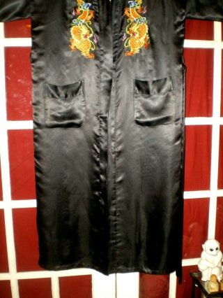 Gorgeous Old Chinese Black Silk Robe/Kimono w/Hand Embroidered Dragons Sz Large 4