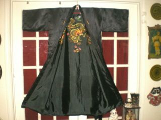 Gorgeous Old Chinese Black Silk Robe/Kimono w/Hand Embroidered Dragons Sz Large 6