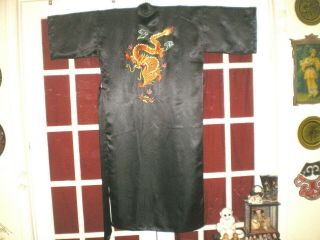 Gorgeous Old Chinese Black Silk Robe/Kimono w/Hand Embroidered Dragons Sz Large 7