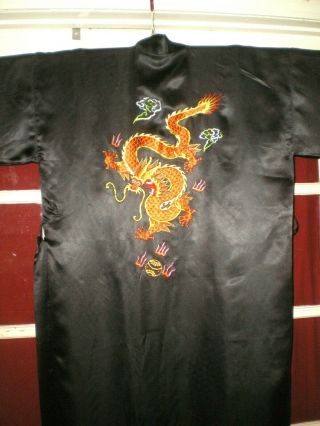Gorgeous Old Chinese Black Silk Robe/Kimono w/Hand Embroidered Dragons Sz Large 8