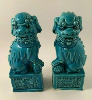 Vintage (2) Chinese Asian Glazed Ceramic Turquoise Foo Dragon Dog Statues 6 "