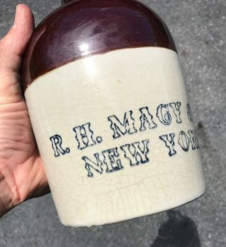 Vintage R.  H.  Macy & Co Brown Stoneware Whiskey Liquor Advertising Jug
