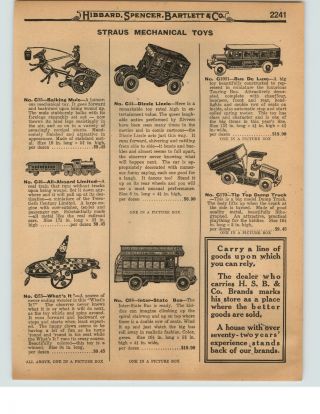 1927 Paper Ad Straus Mechanical Toy Dizzie Lizzie Tip Top Dump Truck Bus Mule