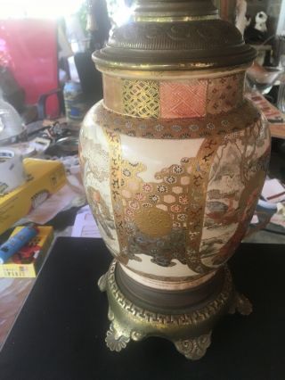 Antique Japanese Maiji Pottery Lamp Satsuma Ware Hand Painted 2