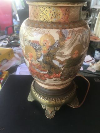 Antique Japanese Maiji Pottery Lamp Satsuma Ware Hand Painted 3