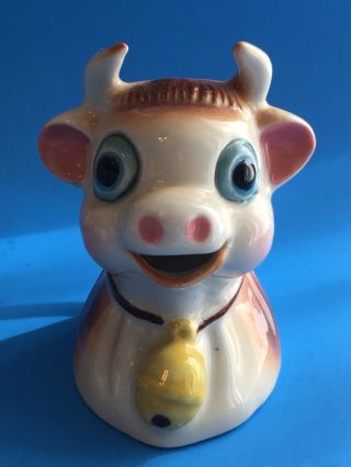 Vintage Big Eyed Cow Pitcher Creamer Hand Painted Pottery Glazed