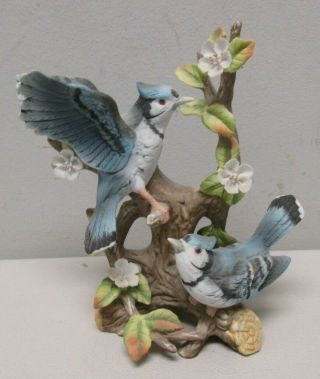 Blue Jays On Floral Branch White Flowers Porcelain