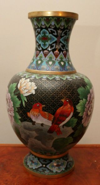 Large Antique Chinese Cloisonne Vase - 12 " X 6 " - Birds & Flowers