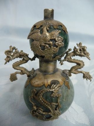 Vintage Chinese Snuff Bottle - Jade W/dragons - Silver Tone Metal Work