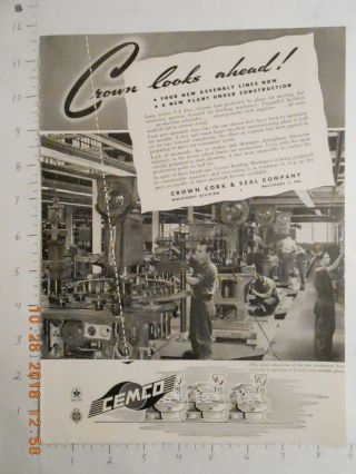 1946 Cemco Crown Cork & Seal Company Rare Trade Ad Baltimore Md Beer Cap Brewery