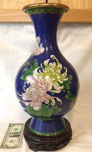 Vtg Antique Chinese Cloisonne Vase Deep Blue W/ Large Flower Blossoms 15 " Tall