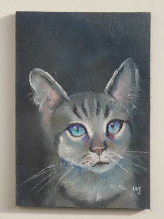 Aceo - William Jamison Miniature Oil Painting Tabby Blue Eyes Cat Kitten