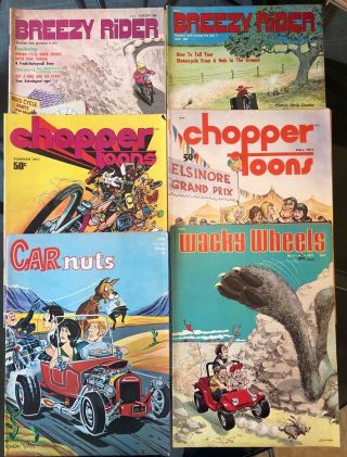 6 - 1971 Vintage Comics: Breezy Rider,  Chopper Toons,  Wacky Wheels,  Car Nuts