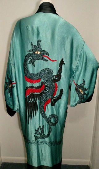Vintage Kimono Embroidered Dragon Robe Teal,  Black Red.  Wearable Art