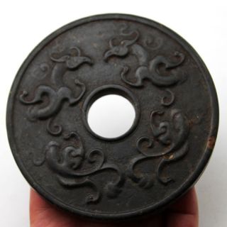 Antique China Han Dynasty Meteorite Jade Double Face Dragon Disk Yubi 4.  7 "