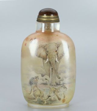 Chinese Exquisite Handmade Inside Painting Lion Elephant Glass Snuff Bottle