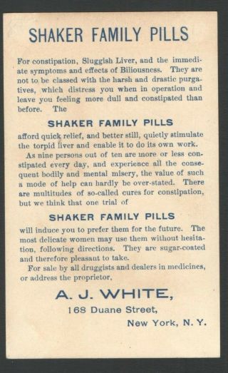 SHAKER FAMILY PILLS 1891 Advertising Trade Card A.  J.  White 168 DUANE St York 3