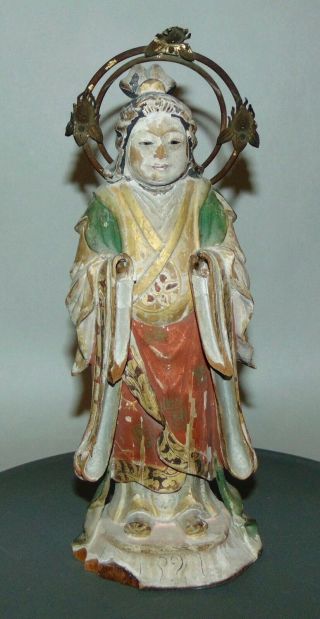 Antique Japanese Wooden Statue Glass Eyes Polychrome Goddess Amaterasu Shinto 2