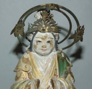 Antique Japanese Wooden Statue Glass Eyes Polychrome Goddess Amaterasu Shinto 1