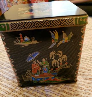 Vintage Tea Tin Daher England Japanese Black Willow Geisha Bird Pagoda Hinged Li