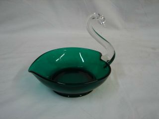 Exc Vintage Duncan Miller Green Glass Swan Bowl Dish Clear Blown Neck