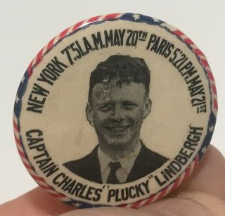 Vtg.  1927 Pin Back Button Honoring Captain Charles 