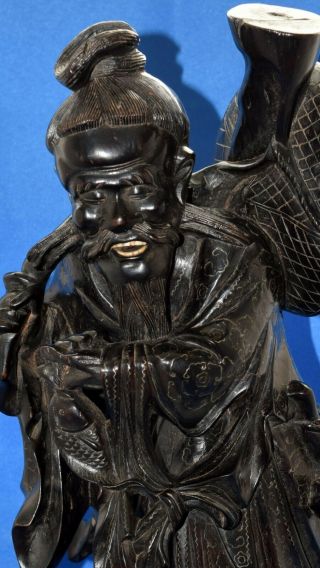 Antique Finely Carved Chinese Hardwood Figure Of An Immortal Wire Inlay 425mm