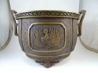 Antique Pre - 1900 Large Solid Bronze Chinese Dragon Stork Planter Pot Bowl China
