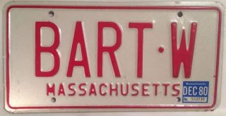 Massachusetts Vanity Bart W License Plate Barton Bartholomew Bartram Bertie Bert