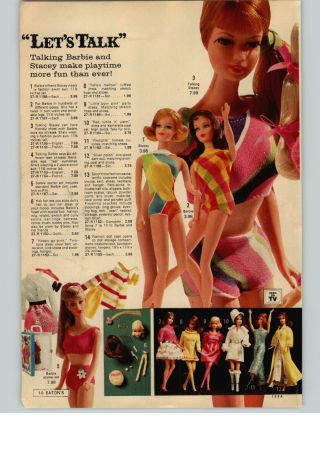 1969 Paper Ad 2 Pg Talking Barbie Stacey Doll Fashion Outfits Kiddles Gadabout