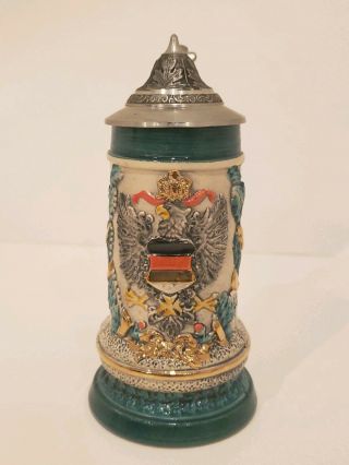 German Miniature Stein Zinn Lidded Pewter 5.  5 " Barware Germany