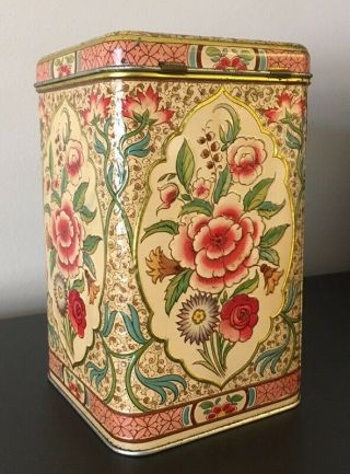 Vintage Tea Tin Box Floral Design Made In Holland 4” X 4” Square X 6 - 3/4” Tall