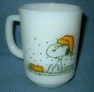 Vtg Snoopy Fire King Milk Glass Mug I Hate It When It Snows On My French Toast