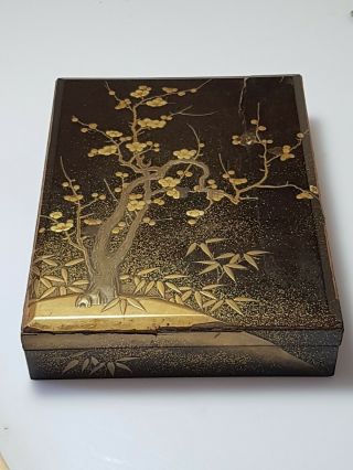 A Lovely Meiji Period Black Lacquer Box Decorated With A Blossom Tree & Bamboo