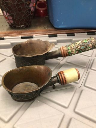 Vintage Chinese Brass Bronze Enameled And Jade Handle Silk Irons Two