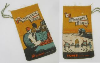Rare Antique Tums For The Tummy Advertising Cloth Treasure Bag Egyptian Revival