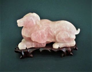 Fine Chinese Rose Quartz Carving Of A Ram On Wood Stand